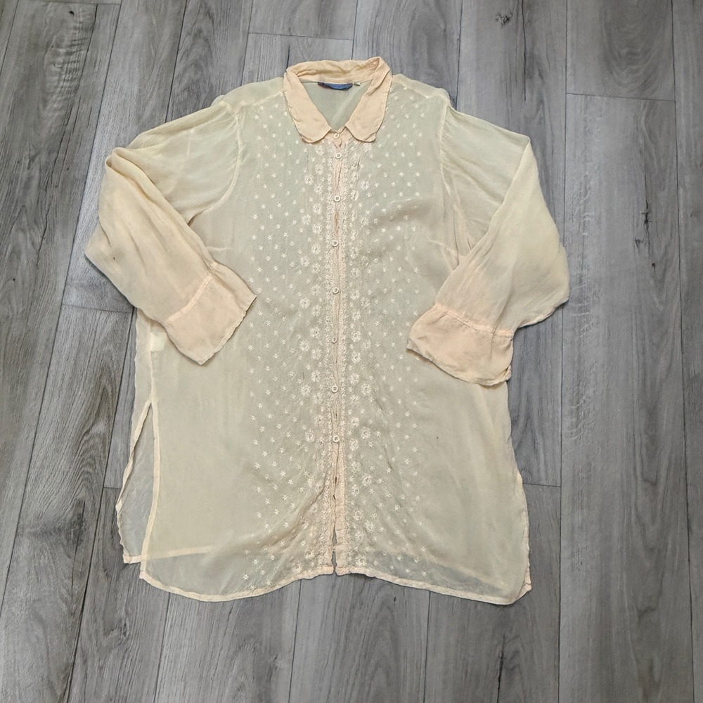 Vintage Johnny Was Button Down Women 2X Yellow Embroidered Sheer Rayon Damaged